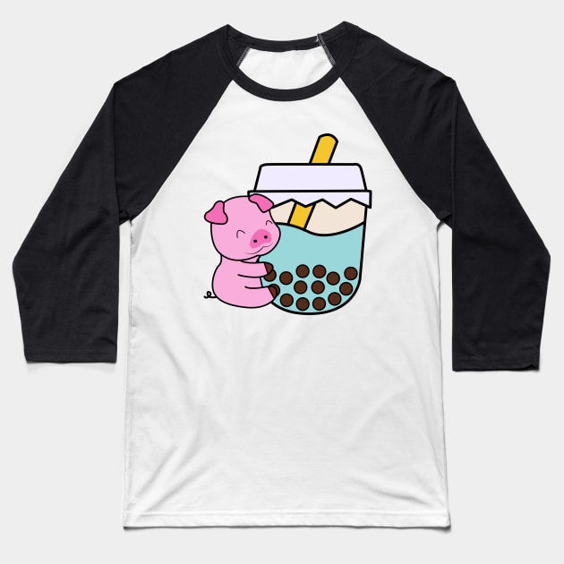 Kawaii Cute Happy Baby Pig Hugs Sweet Bubble Tea Blue Boba Tea Baseball T-Shirt by 4U2NV-LDN